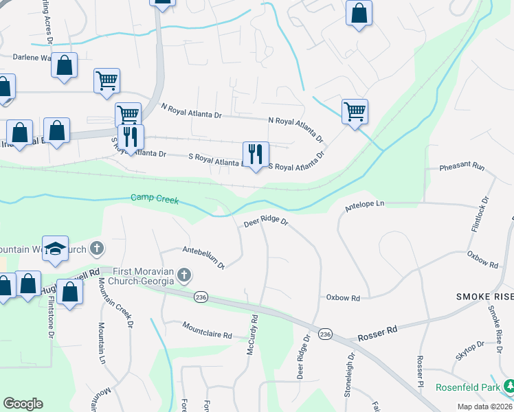 map of restaurants, bars, coffee shops, grocery stores, and more near 2389 Deer Ridge Drive in Stone Mountain