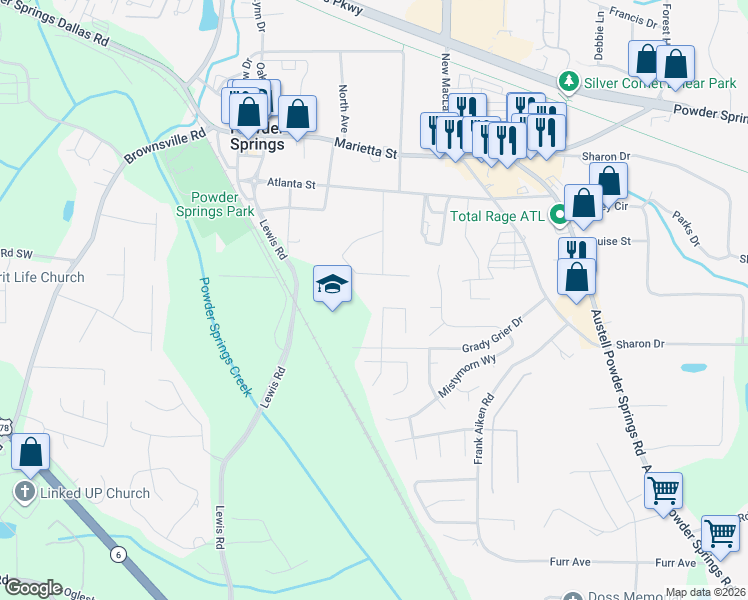 map of restaurants, bars, coffee shops, grocery stores, and more near 4186 New Towne Dr in Powder Springs