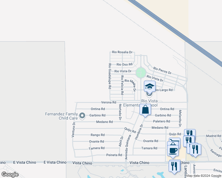 map of restaurants, bars, coffee shops, grocery stores, and more near 67353 Rio Naches Road in Cathedral City
