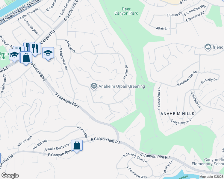 map of restaurants, bars, coffee shops, grocery stores, and more near 425 South Cooks Corner in Anaheim