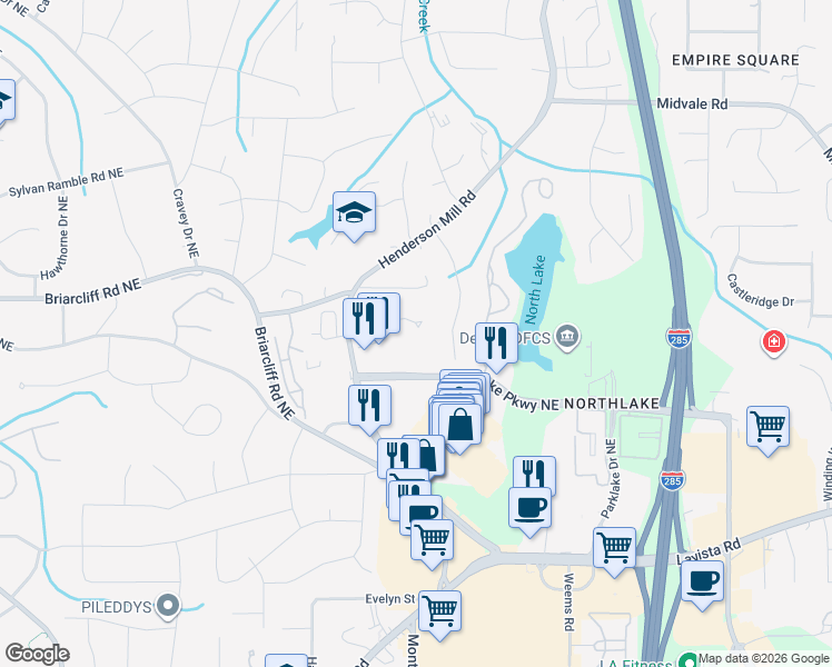 map of restaurants, bars, coffee shops, grocery stores, and more near 2355 Henderson Mill Road in Atlanta