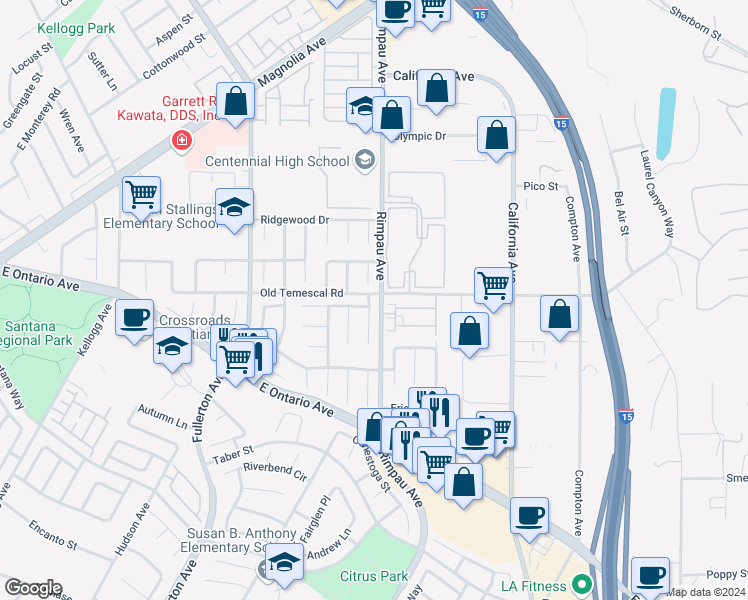 map of restaurants, bars, coffee shops, grocery stores, and more near 2101 Harvard Circle in Corona