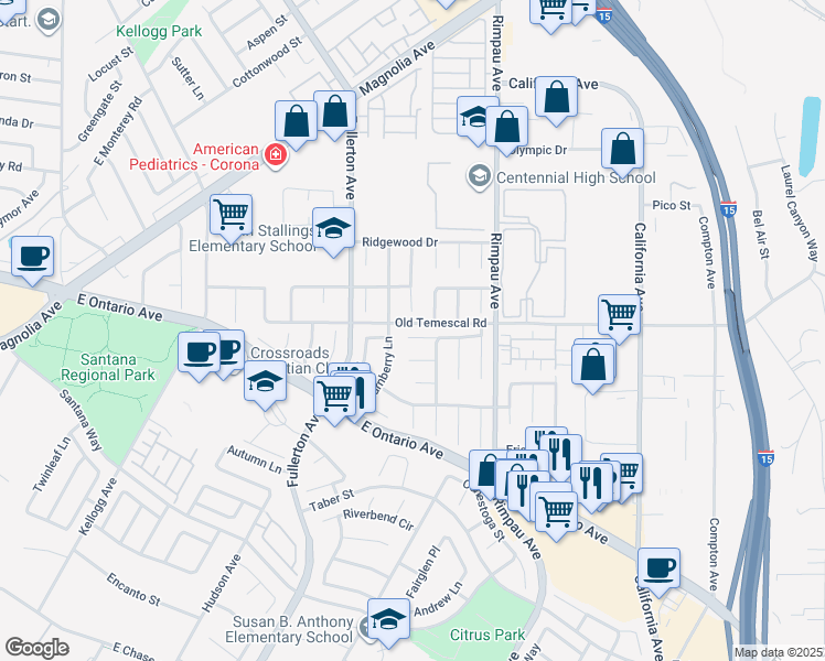 map of restaurants, bars, coffee shops, grocery stores, and more near 943 Yardley Way in Corona