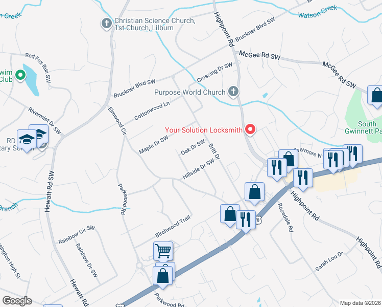 map of restaurants, bars, coffee shops, grocery stores, and more near 1962 Pine Drive Southwest in Snellville