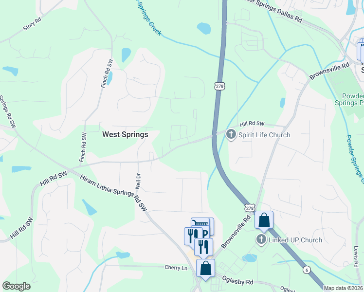 map of restaurants, bars, coffee shops, grocery stores, and more near 5001 Hill Road Southwest in Powder Springs