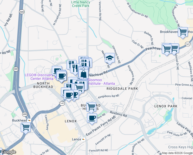 map of restaurants, bars, coffee shops, grocery stores, and more near 3655 Peachtree Road in Atlanta