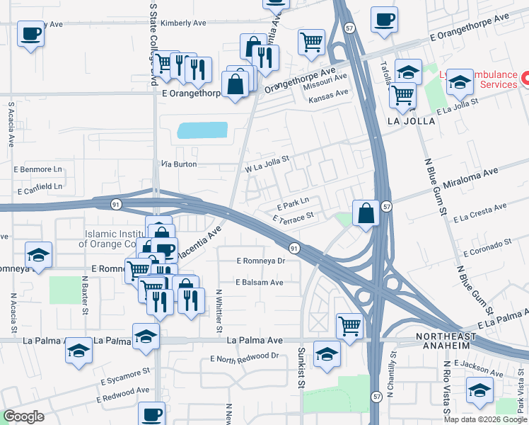 map of restaurants, bars, coffee shops, grocery stores, and more near 1700 East Park Lane in Anaheim