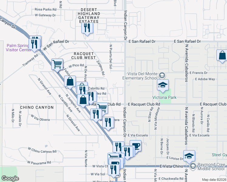 map of restaurants, bars, coffee shops, grocery stores, and more near 130 West Racquet Club Road in Palm Springs