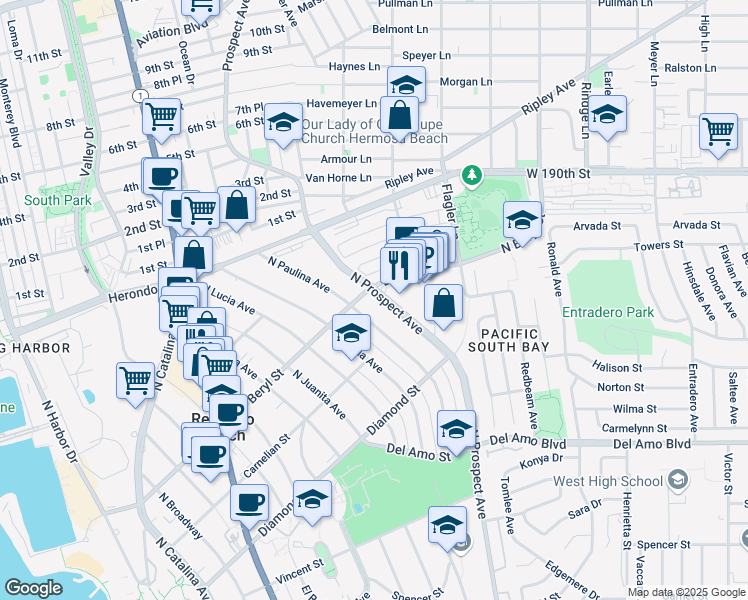 map of restaurants, bars, coffee shops, grocery stores, and more near 619 North Prospect Avenue in Redondo Beach
