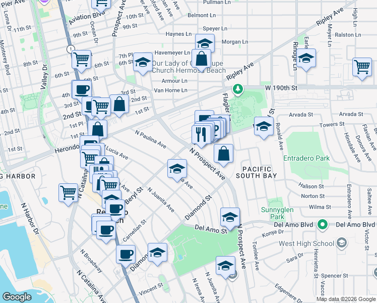 map of restaurants, bars, coffee shops, grocery stores, and more near in Redondo Beach