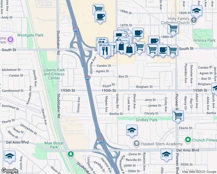 map of restaurants, bars, coffee shops, grocery stores, and more near 11334 Eloise Street in Cerritos
