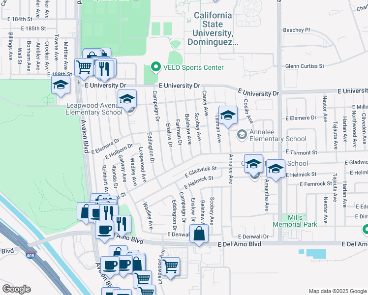 map of restaurants, bars, coffee shops, grocery stores, and more near 19524 Fariman Drive in Carson