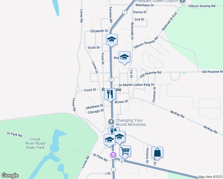 map of restaurants, bars, coffee shops, grocery stores, and more near in Rosedale