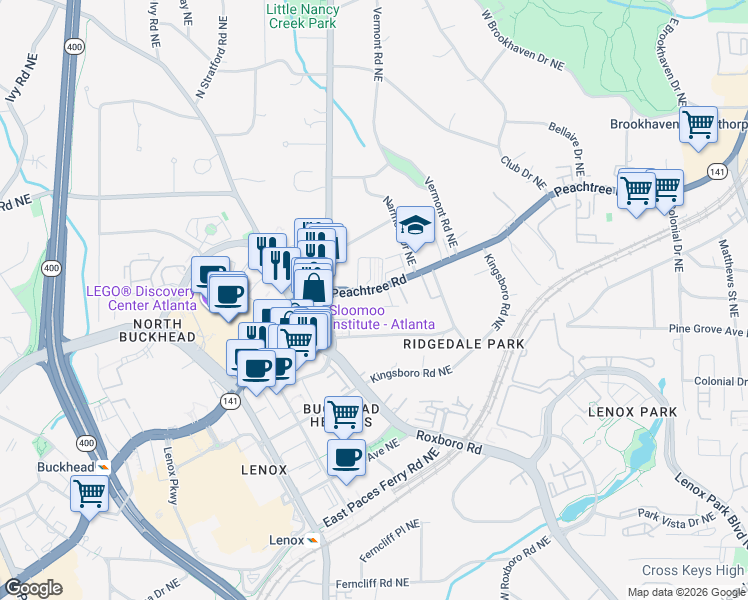 map of restaurants, bars, coffee shops, grocery stores, and more near 3663 Peachtree Road Northeast in Atlanta