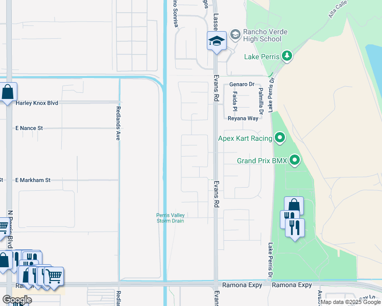 map of restaurants, bars, coffee shops, grocery stores, and more near 774 Green Court in Perris