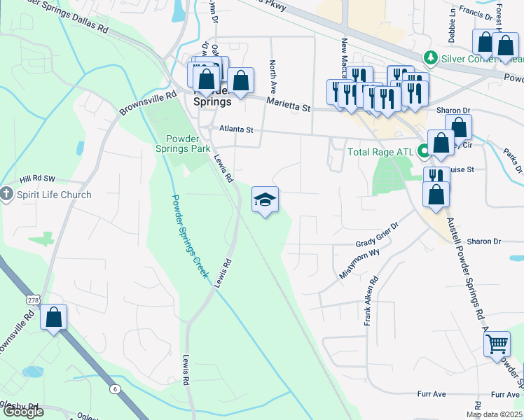 map of restaurants, bars, coffee shops, grocery stores, and more near 4570 Grady Grier Drive in Powder Springs