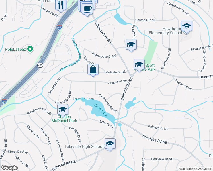 map of restaurants, bars, coffee shops, grocery stores, and more near 2539 Sunset Drive Northeast in Atlanta