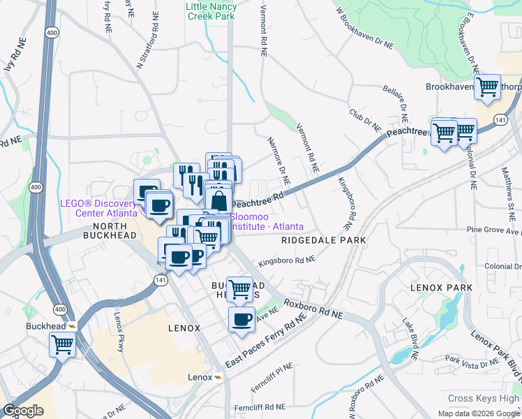 map of restaurants, bars, coffee shops, grocery stores, and more near 3663 Peachtree Road Northeast in Atlanta