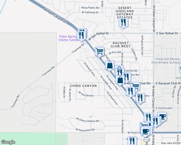 map of restaurants, bars, coffee shops, grocery stores, and more near 2666 North Girasol Avenue in Palm Springs