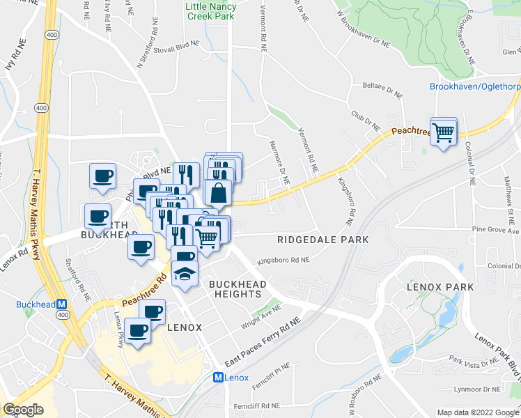 map of restaurants, bars, coffee shops, grocery stores, and more near 3663 Peachtree Road Northeast in Atlanta