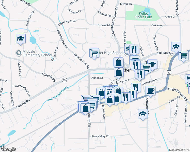 map of restaurants, bars, coffee shops, grocery stores, and more near 4068 Adrian Street in Tucker