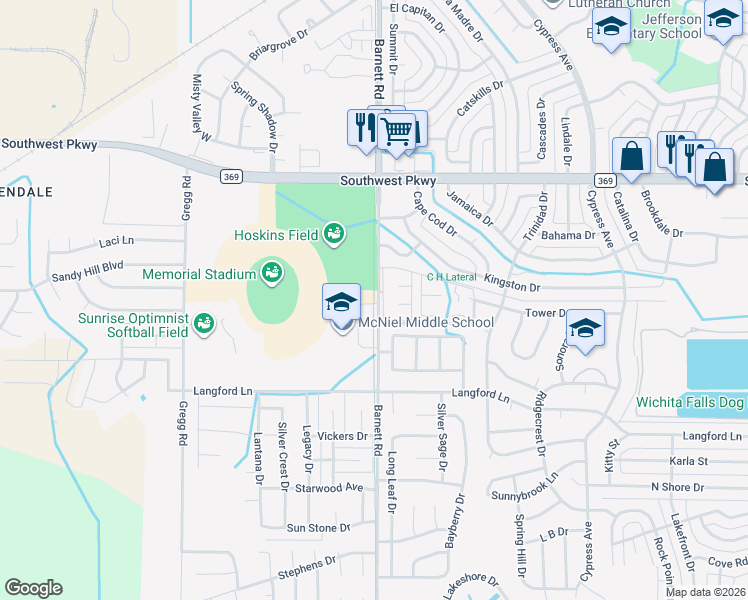 map of restaurants, bars, coffee shops, grocery stores, and more near West Trail in Wichita Falls