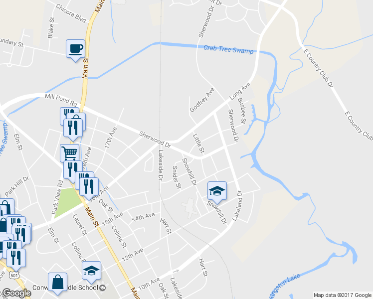 map of restaurants, bars, coffee shops, grocery stores, and more near 220 Busbee Street in Conway