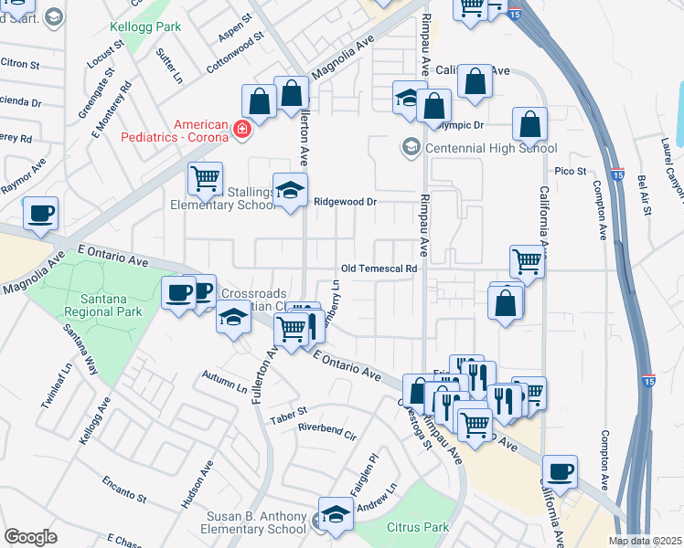 map of restaurants, bars, coffee shops, grocery stores, and more near 2101 Turnberry Lane in Corona