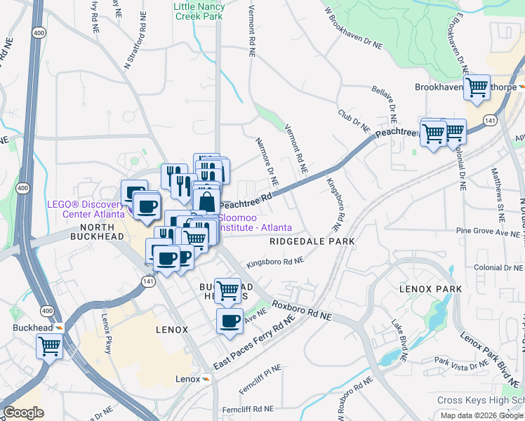 map of restaurants, bars, coffee shops, grocery stores, and more near 3663 Peachtree Road Northeast in Atlanta