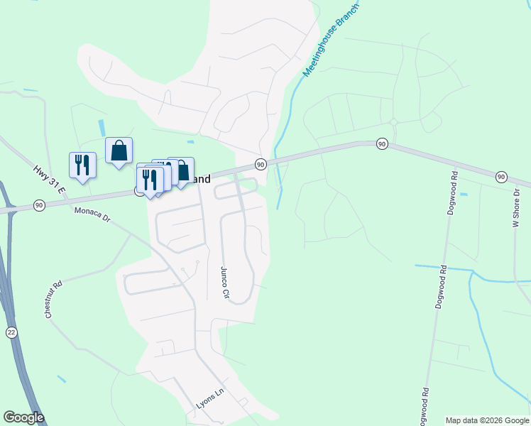 map of restaurants, bars, coffee shops, grocery stores, and more near 522 Eagleton Court in Longs