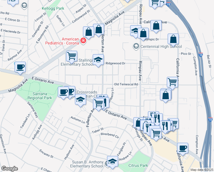 map of restaurants, bars, coffee shops, grocery stores, and more near 2100 Wembley Lane in Corona