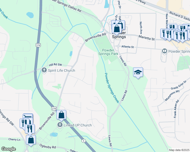 map of restaurants, bars, coffee shops, grocery stores, and more near 4173 Woodcrest Drive in Powder Springs