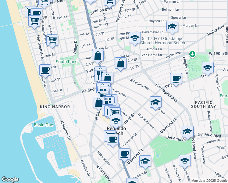 map of restaurants, bars, coffee shops, grocery stores, and more near 831 North Lucia Avenue in Redondo Beach