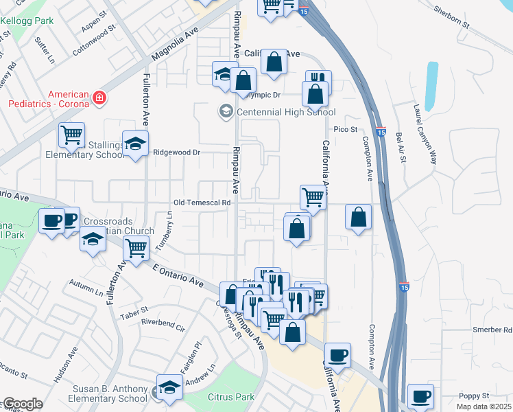 map of restaurants, bars, coffee shops, grocery stores, and more near 1131 San Marino Court in Corona