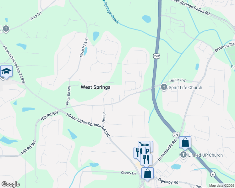 map of restaurants, bars, coffee shops, grocery stores, and more near 5120 Hill Road Southwest in Powder Springs