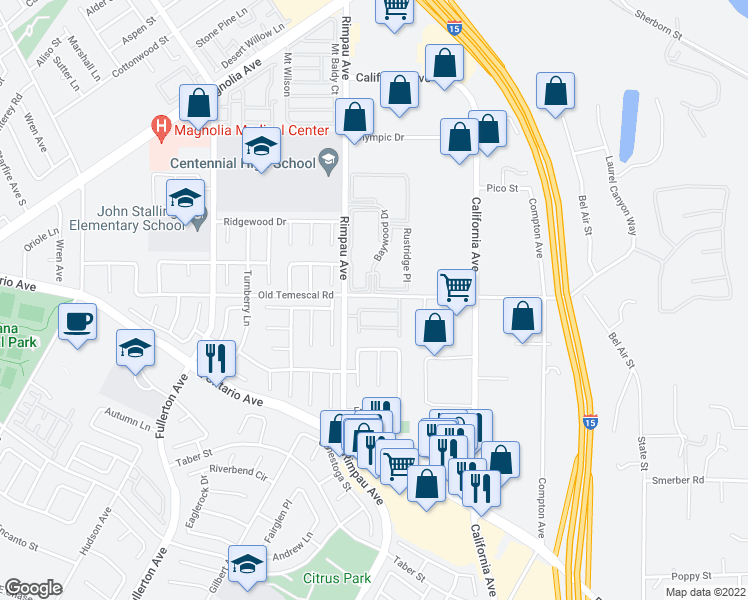 map of restaurants, bars, coffee shops, grocery stores, and more near 1121 San Marino Court in Corona