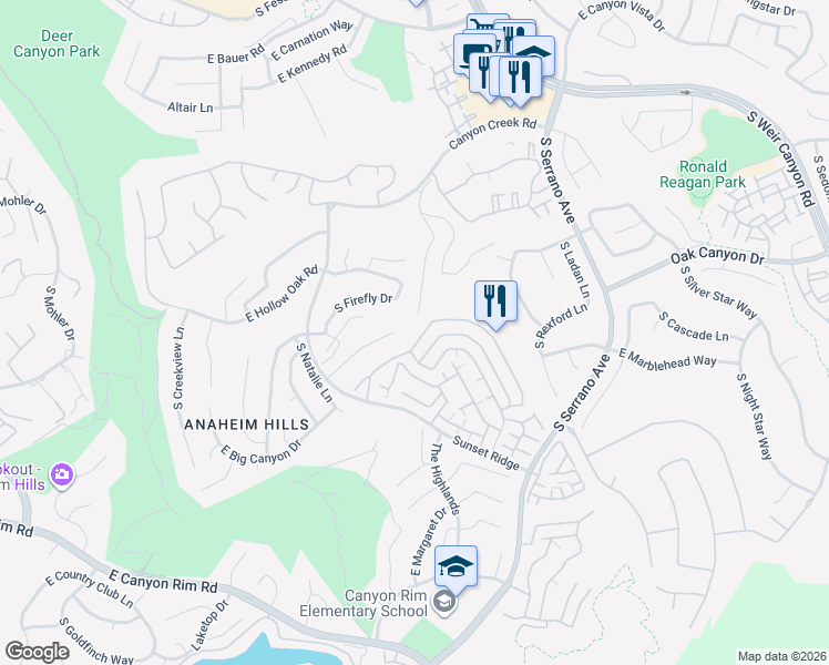 map of restaurants, bars, coffee shops, grocery stores, and more near 7781 East Viewrim Drive in Anaheim