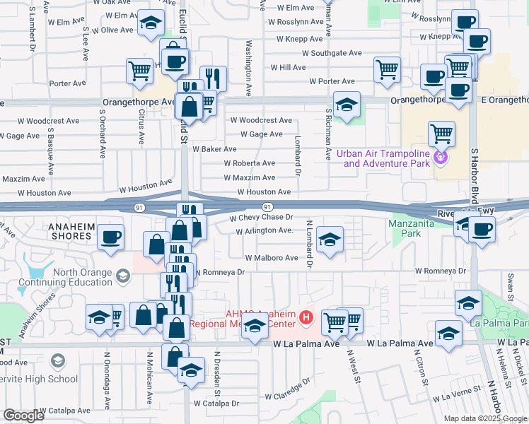 map of restaurants, bars, coffee shops, grocery stores, and more near 1327 West Chevy Chase Drive in Anaheim