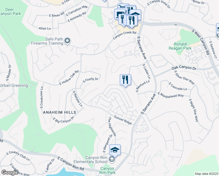 map of restaurants, bars, coffee shops, grocery stores, and more near 7833 East Quinn Drive in Anaheim