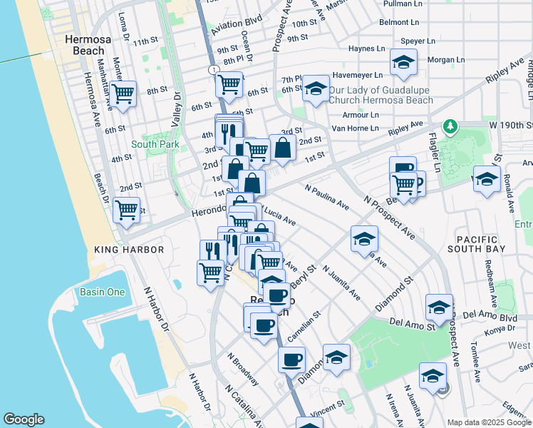 map of restaurants, bars, coffee shops, grocery stores, and more near 831 North Lucia Avenue in Redondo Beach