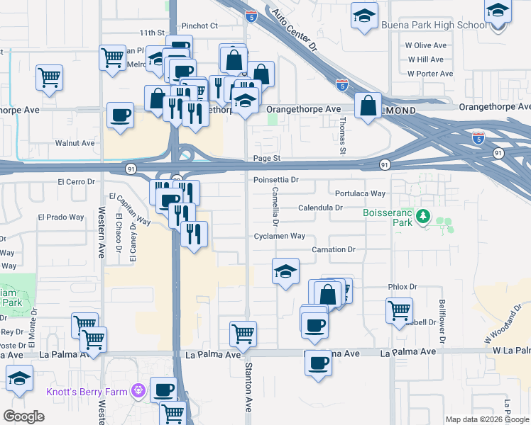 map of restaurants, bars, coffee shops, grocery stores, and more near 8050 Calendula Drive in Buena Park