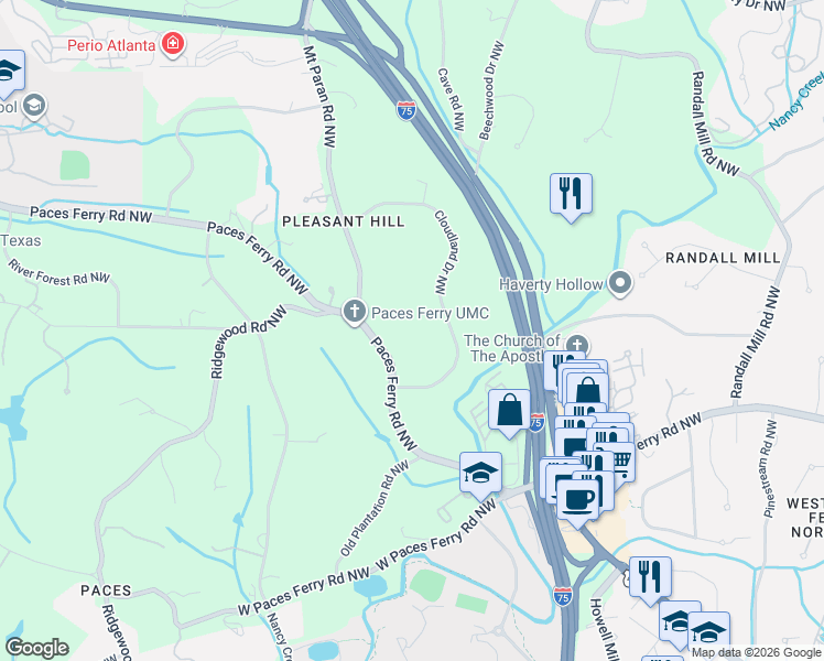 map of restaurants, bars, coffee shops, grocery stores, and more near 3599 Paces Ferry Road Northwest in Atlanta