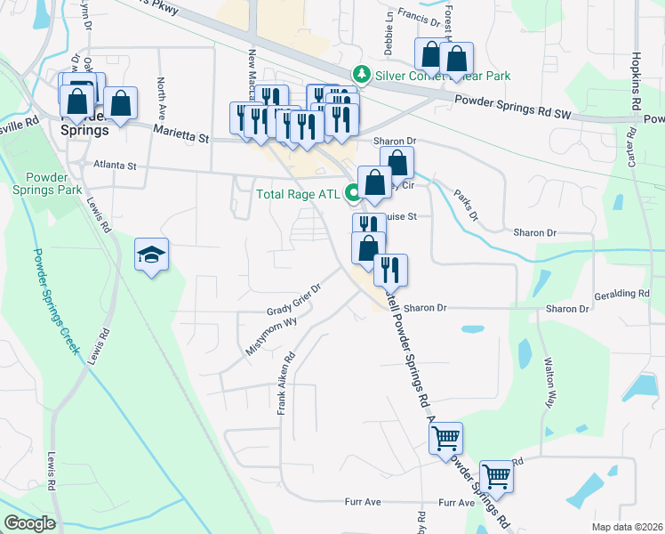 map of restaurants, bars, coffee shops, grocery stores, and more near 4130 Old Austell Road in Powder Springs