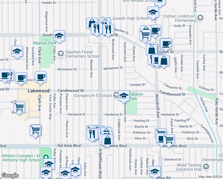 map of restaurants, bars, coffee shops, grocery stores, and more near 5303 Briercrest Avenue in Lakewood