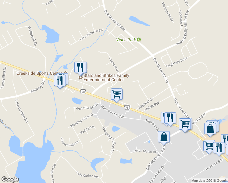 map of restaurants, bars, coffee shops, grocery stores, and more near 678 Sweet Ashley Way in Loganville