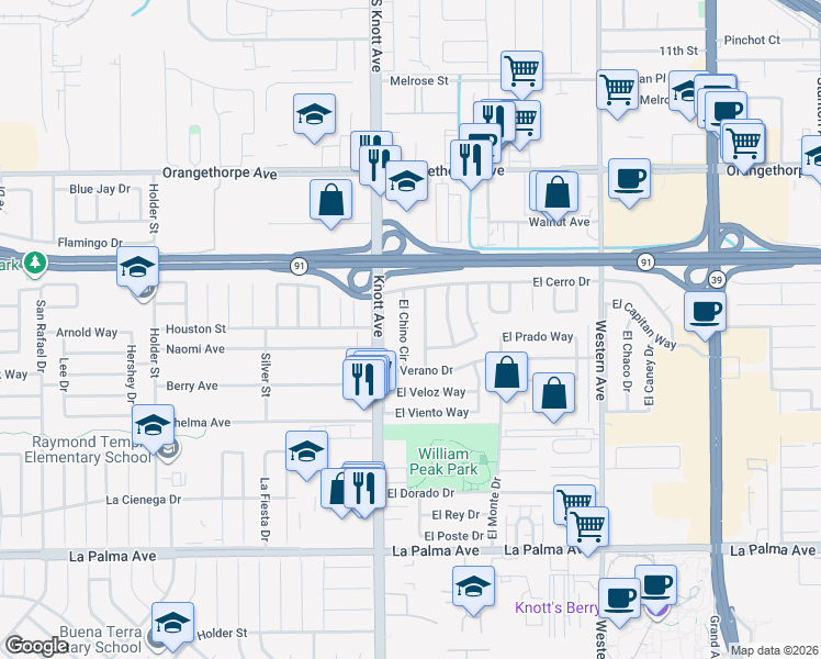 map of restaurants, bars, coffee shops, grocery stores, and more near 7500 El Chino Circle in Buena Park
