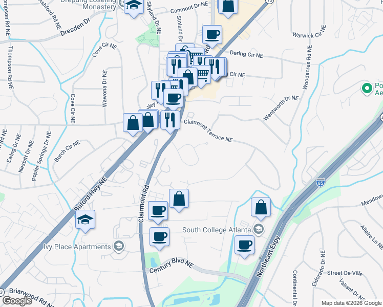 map of restaurants, bars, coffee shops, grocery stores, and more near 2259 Tanglewood Circle Northeast in Atlanta