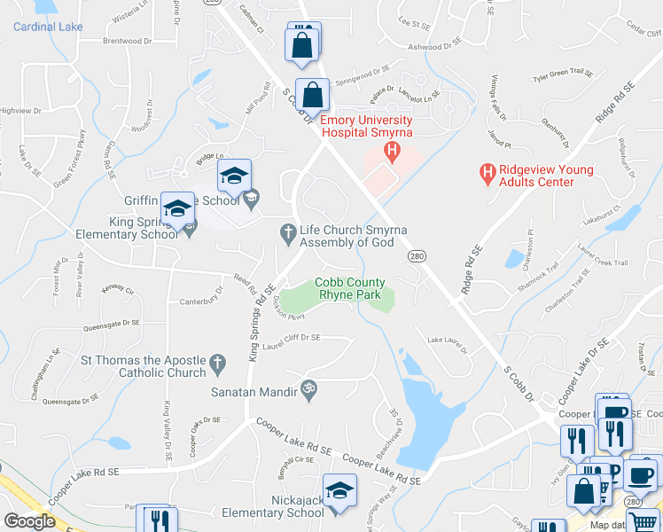 map of restaurants, bars, coffee shops, grocery stores, and more near 1166 Rhyne Chase in Smyrna