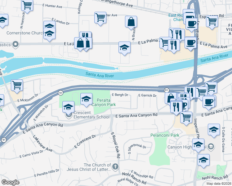 map of restaurants, bars, coffee shops, grocery stores, and more near 5312 East Bergh Drive in Anaheim