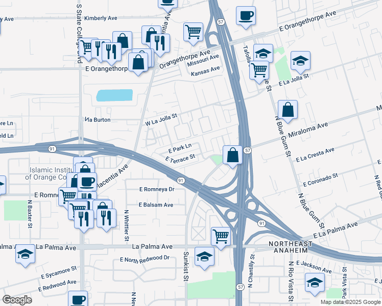 map of restaurants, bars, coffee shops, grocery stores, and more near 2537 East Terrace Street in Anaheim